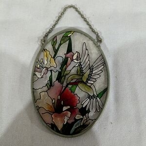 Stained Glass Hummingbird and Flowers Art Piece. 4" Approx